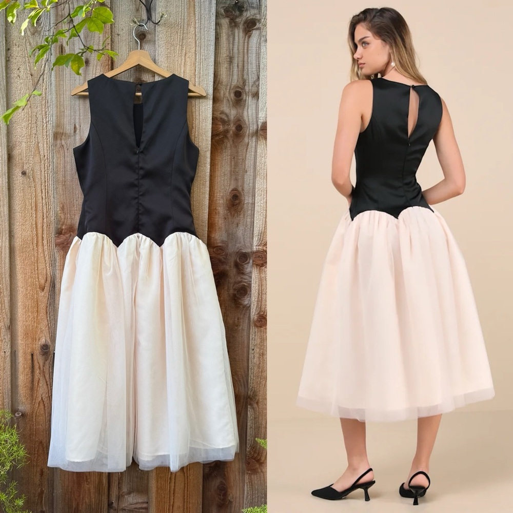 Black and Cream Satin Drop-Style Waist Tulle Midi Dress 🌿 - Picture 2 of 10